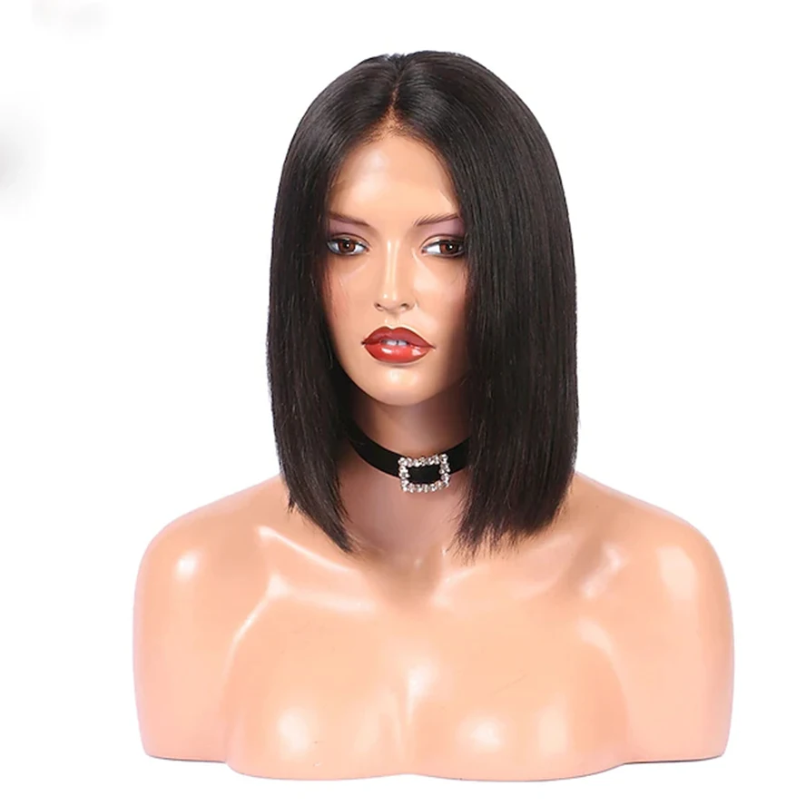 Human Hair Glueless Natural Hairline Lace Front Wig Bob Kardashian style Indian Hair Straight Wig 130% Density with Baby Hair