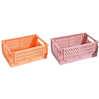 hot 2pcs collapsible crate plastic folding storage box basket utility cosmetic container orange pink