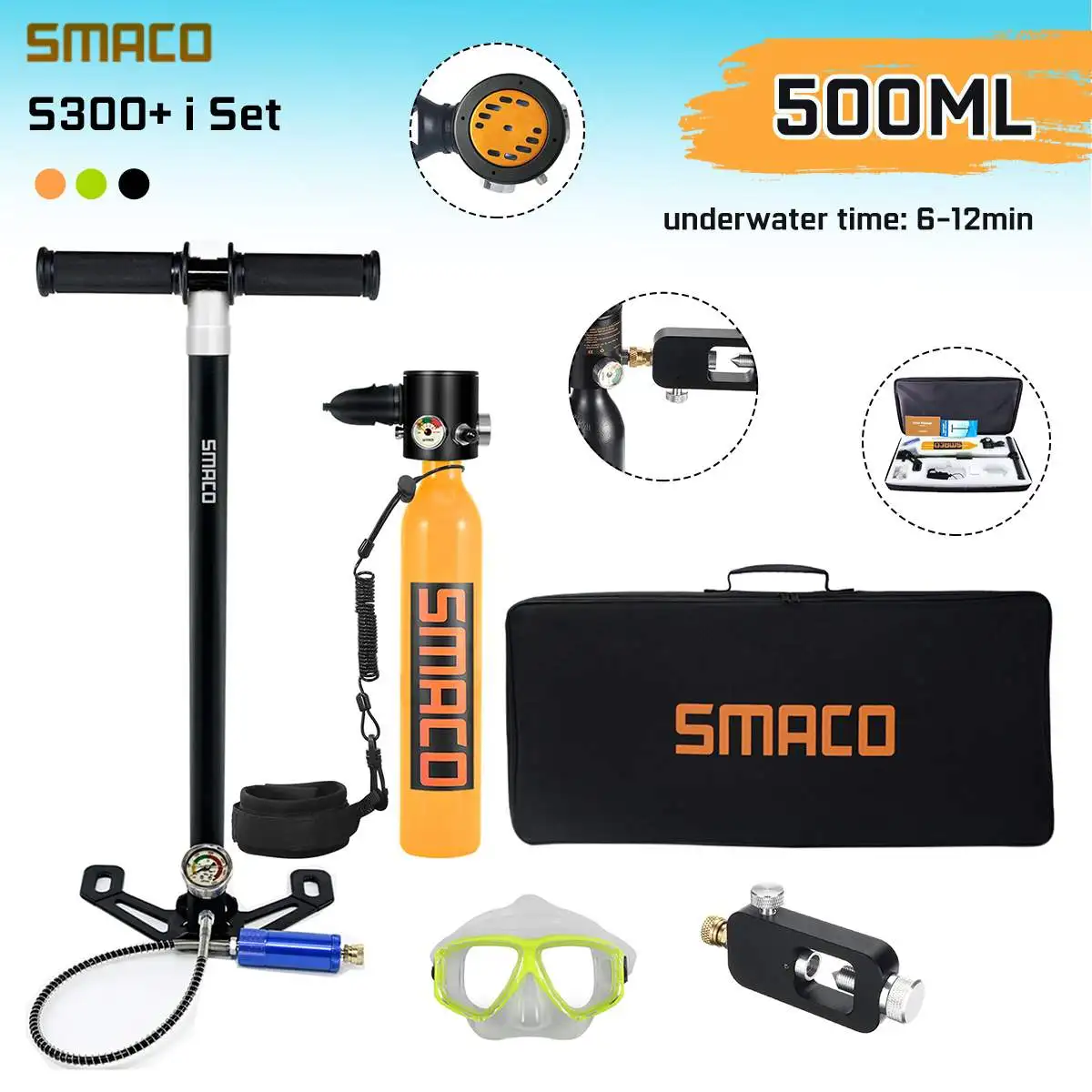 

6PCS SMACO S300+ Portable Scuba Diving Equipment Oxygen Cylinder Set Underwater Respirator Snorkeling Diving kit