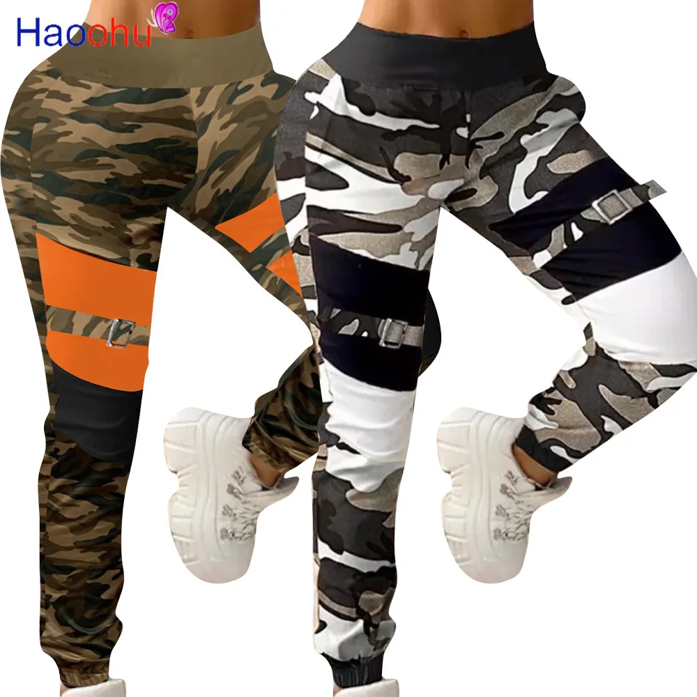 

HAOOHU Elastic Waist Women's Pants Spring Autumn Army Camouflage Cargo Harem Casual Female Trousers Draped Jogger Pants Urban