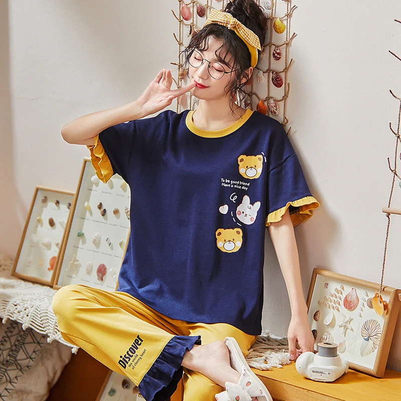 

Cotton Lotus Leaf Sleeve Cartoon Bear Personality Round Neck Fashion Ladies Short Sleeve Sleepwear Summer Casual Ladies Homewear
