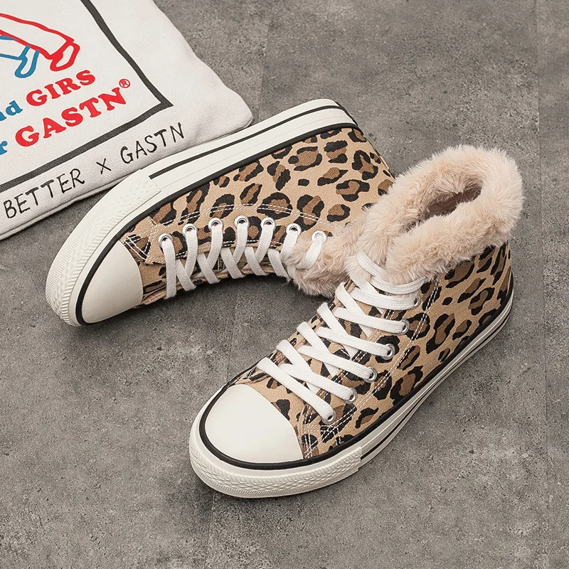 Winter New High Help Leopard Print Plus Velvet Canvas Shoes Female Wild Flat Cotton Women Casual Zapatos Mujer W24-35 | Обувь