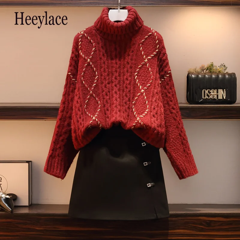 

Women Winter Warm Two Pieces Sets Female Turtleneck Long Sleeve Knitted Vintage Sweater And MIdi Skirts Sets Korean