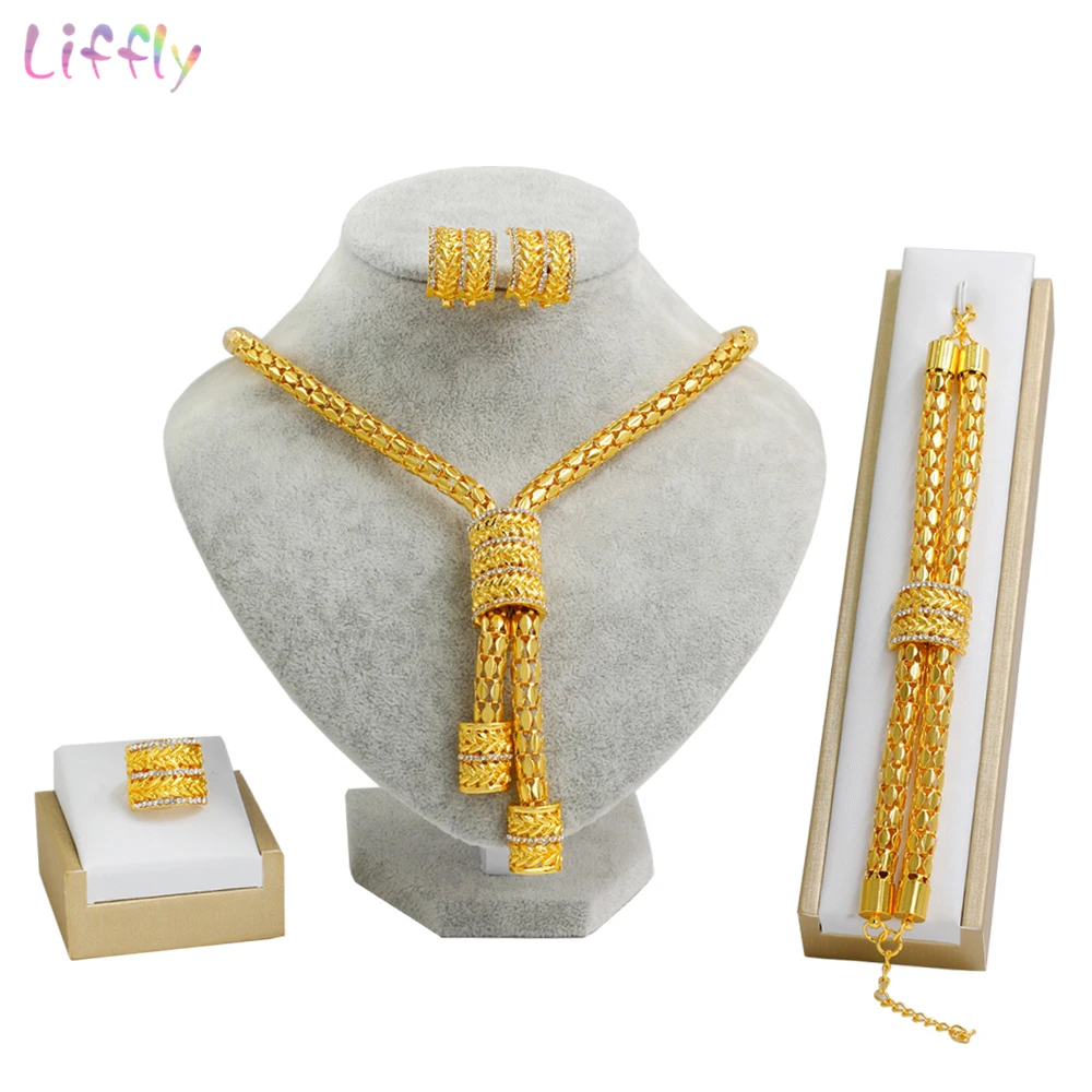 Jewelry Sets Liffly, Свадебные африканские Ювелирные наборы, модное золотое ожерелье, серьги, кольцо, циркон, для подружки невесты, Дубай, Золотые Ювелирные наборы для женщин - Окраска металла: Jewelry Sets
