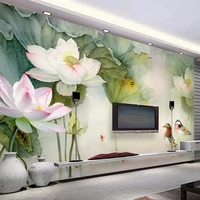 custom waterproof canvas 3d wall mural wallpaper flower duck lotus chinese style oil painting bedroom living room tv background
