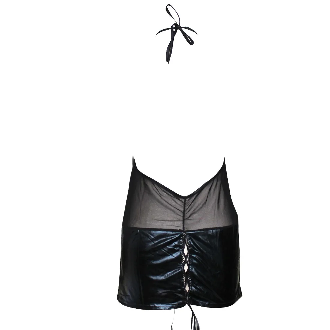 

Women Sexy See Through Fishnet PU Leather Patchwork Erotic Sleepwear Dress Underwear Nightdress Babydoll Open Butt Hole Lingerie