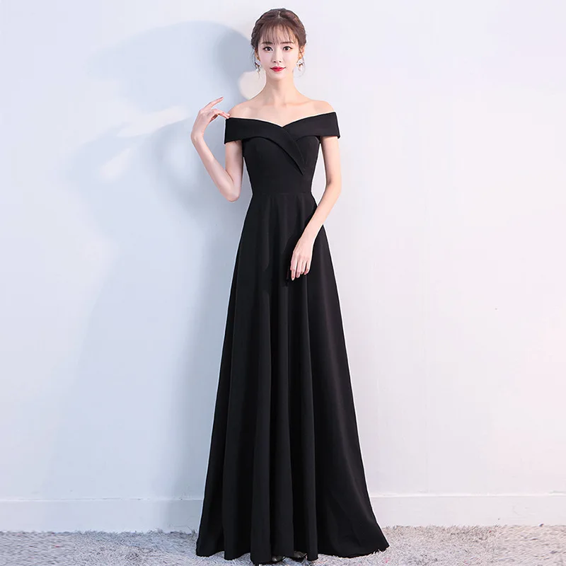 

Floor-Length Black Sexy Slash Neck Banquet Pleated Dresses Slim Lady Elegant Formal Party Prom Gown Bride Wedding Satin Dress