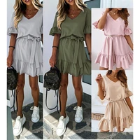 summer selling new trend ladies solid color dress wrinkled hem v neck lace short sleeve tie rope corset slim womens clothing