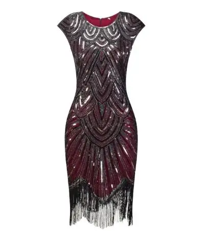 Бургундия Женское вечернее платье, халат Femme 1920 s, отличная Хлопушка в стиле Гэтсби, блестящая бахрома, миди платье, Vestido, летнее, арт-деко, ретро черное платье - Цвет: Бургундия