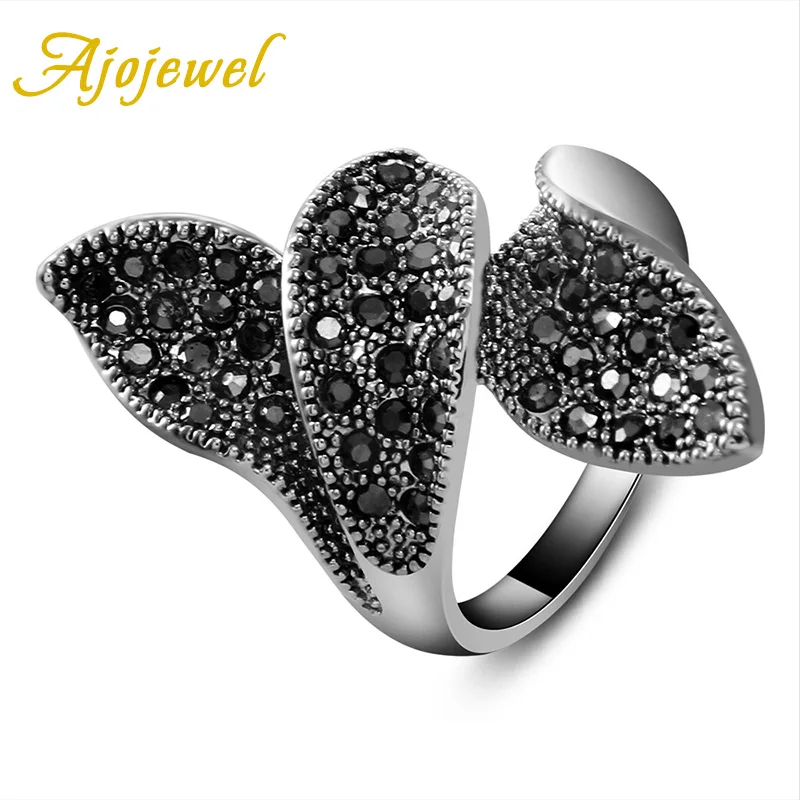 Ajojewel брендовые новые черные женские ювелирные изделия, полные стразы, Винтажное кольцо с тремя листьями для женщин - Цвет основного камня: Черный