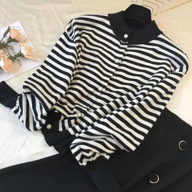 Neploe, маленький аромат, Chandal Mujer, винтажный, для взрослых, полосатый, вязаный, Женский комплект, Осень-зима, короткий кардиган+ широкие штаны, 46470