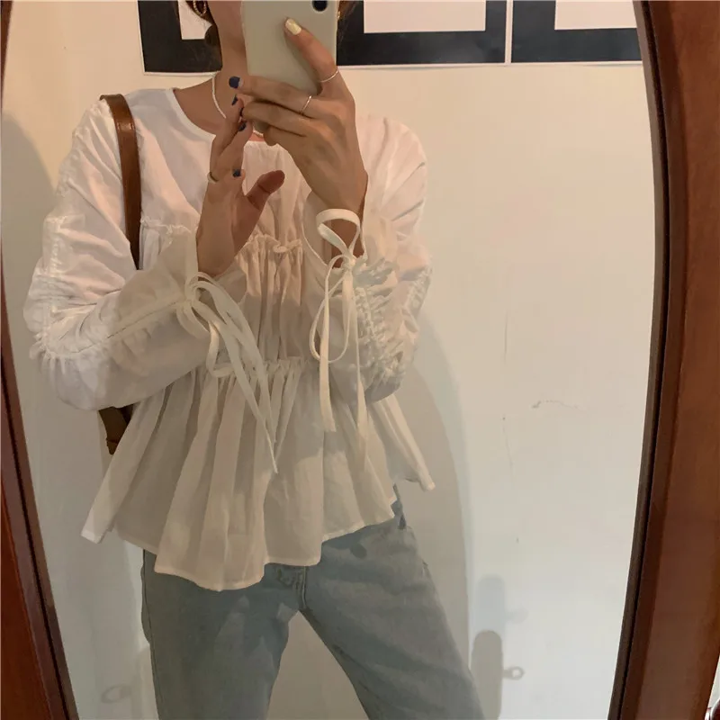 

HziriP Spring Autumn Korean Round Neck Solid Color Women Long Sleeve Shirt 2021 Versatile Drawstring Design Soft Sweet Shirt