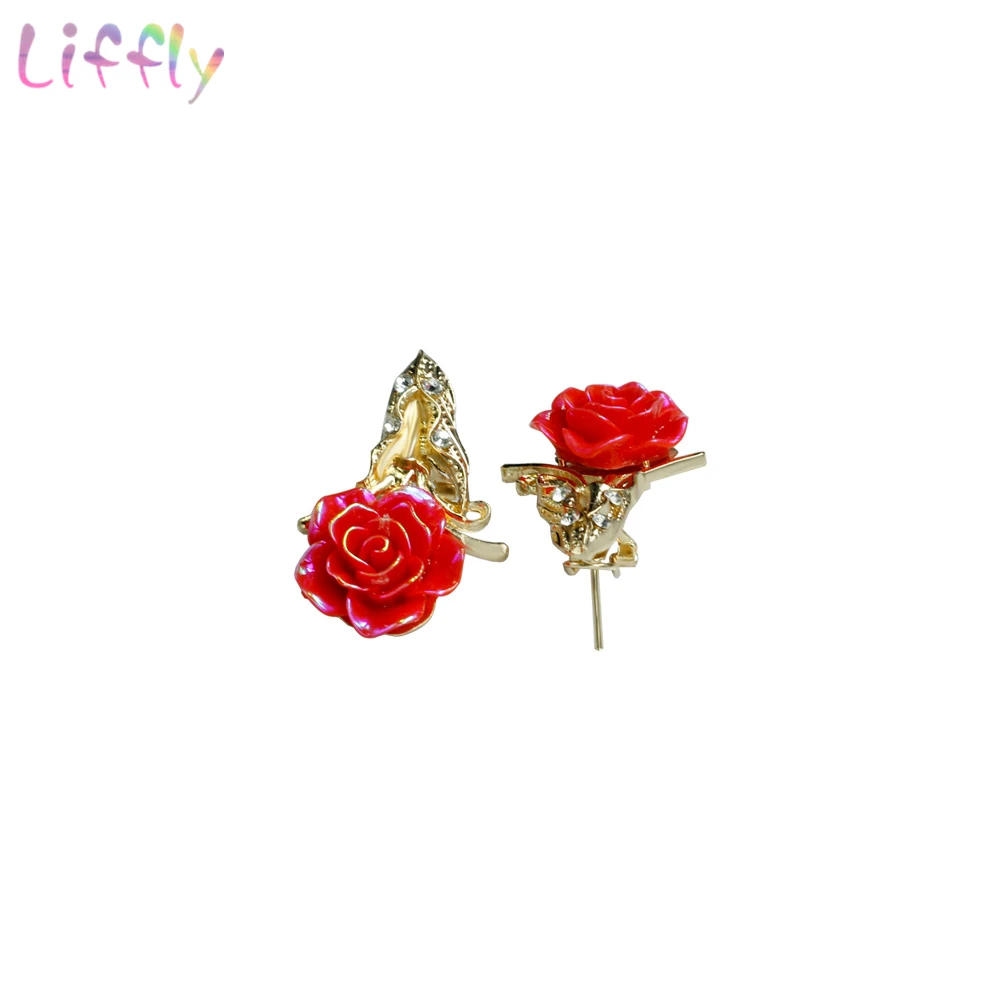 Женский ювелирный комплект из колье и серёг с красной желтой розой|crystal jewelry