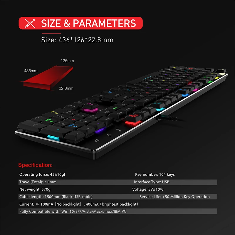 

Havit Mechanical Keyboard RGB Backlit Wired Extra-Thin & Light, Kailh Latest Low Profile Blue Switches, 104 Keys N-Key Rollover