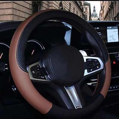 Black and coffee Спортивный кожаный автомобильный чехол на руль для Toyota Volkswagen Fiat hyundai Chery BYD для автомобилей Mazda аксессуары для 37 см-38 см - Название цвета: Black and coffee