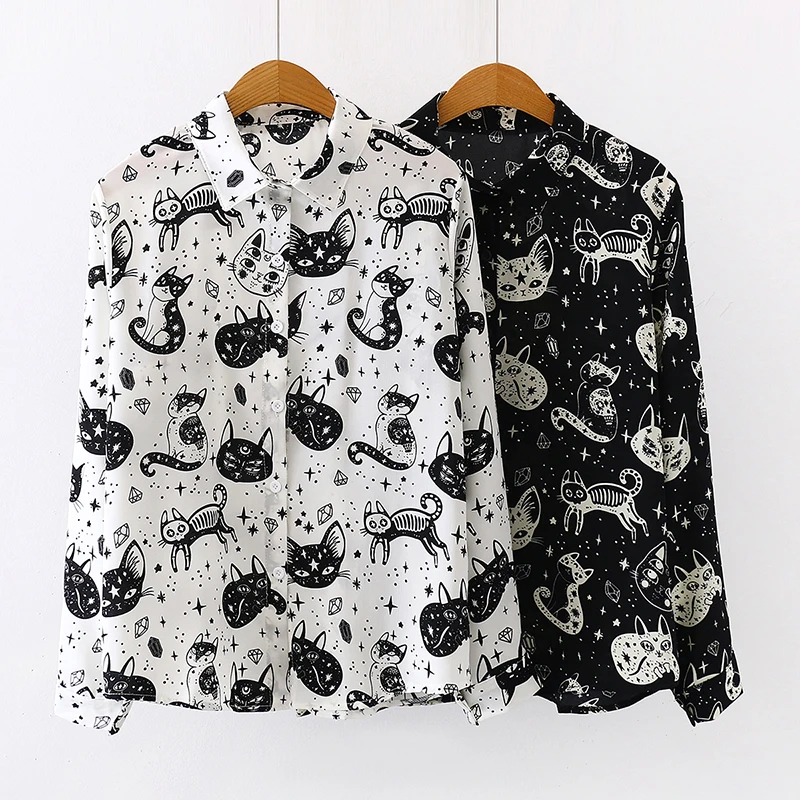Женская Свободная блузка-рубашка с принтом мультяшного кота, весна-осень 2020 от AliExpress WW