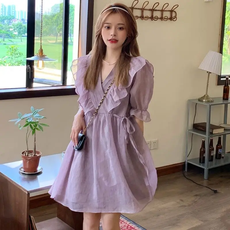 

2021 Summer New Gentle Temperament V-neck Loose Ruffled Short-sleeved Women's Dress Solid High Waist Thin A-line Female Skirt