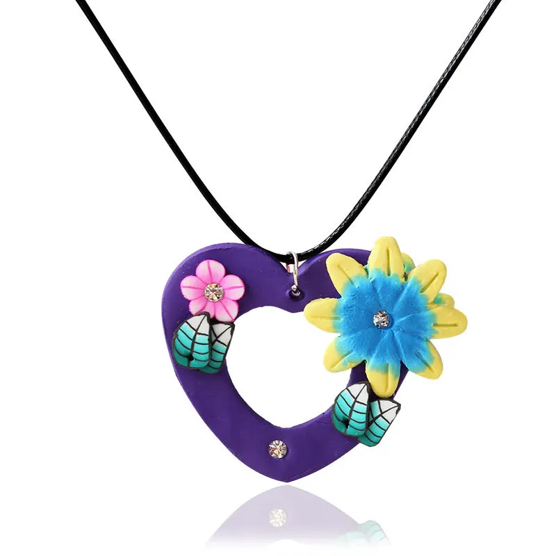 Богемные полые кулон в форме сердца Глиняное ожерелье цветные цветы листья