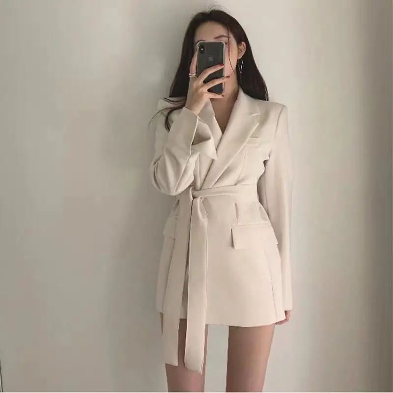 

Женский приталенный Блейзер с поясом, черный пиджак в стиле ретро, верхняя одежда, WB46