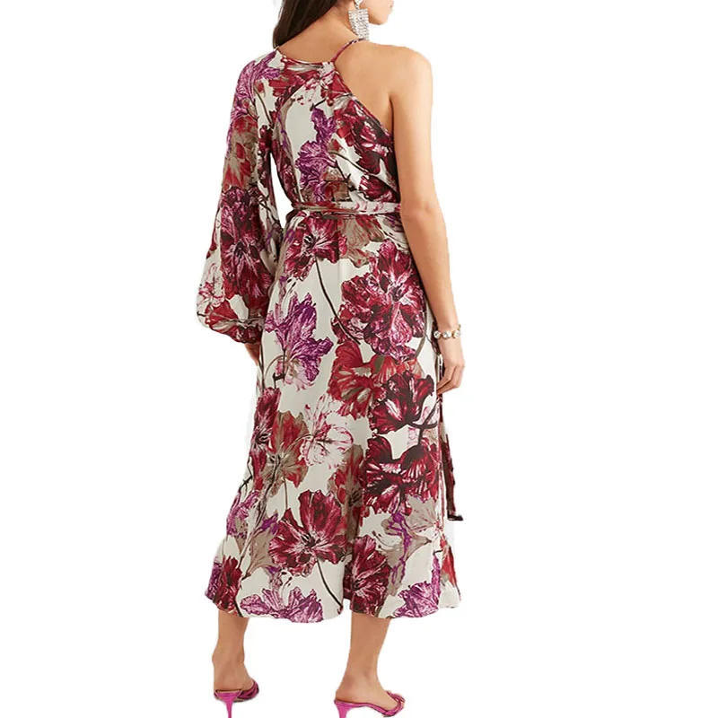 

Women Print Dresses Sexy Fashion V-Neck Single Sleeve Beach Party Robes 2021 Summer Irregular Ruffle Boho Dress Ladies Vestidos