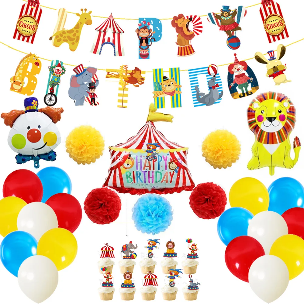 

New Birthday Set Animal Circus Balloon Banner Circus Flag Pulling Paper Fan Carnival Clown Balloon Package