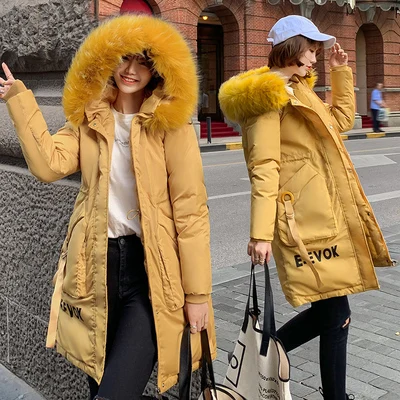 Yellow Меховой воротник с капюшоном Длинные Для женщин зимняя куртка из плотного хлопка с хлопковой подкладкой теплая куртка casaco Feminina Inverno; с буквенным принтом; женские пальто; куртка-штормовка - Цвет: Yellow