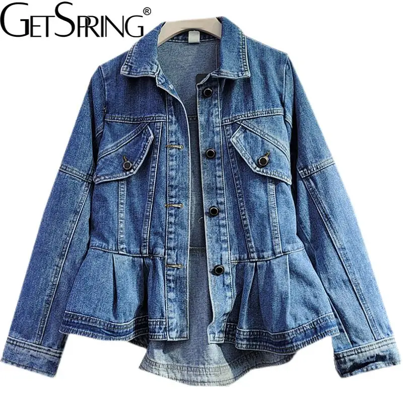 

GetSpring Women Denim Jacket Vintage Ruffles Wrinkled Jean Coat Fashion Full Sleeve Slim Waist Denim Tops Autumn Spring 2021 New