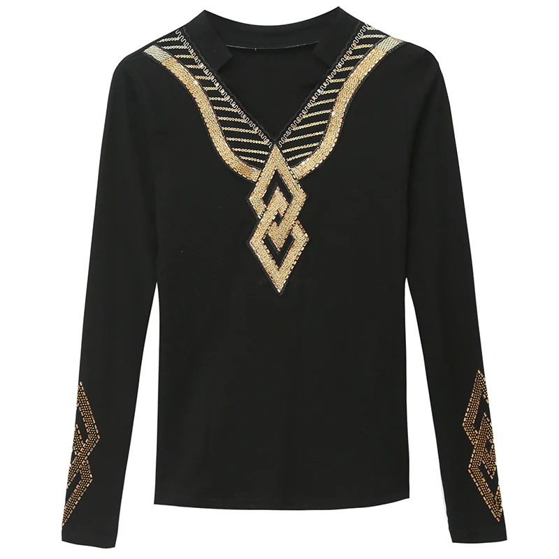 

European Tees Embroidery Diamonds Tshirt Women New Autumn Winter Tops With Fleece Pullover Camiseta Mujer Bottoming Shirt T90007