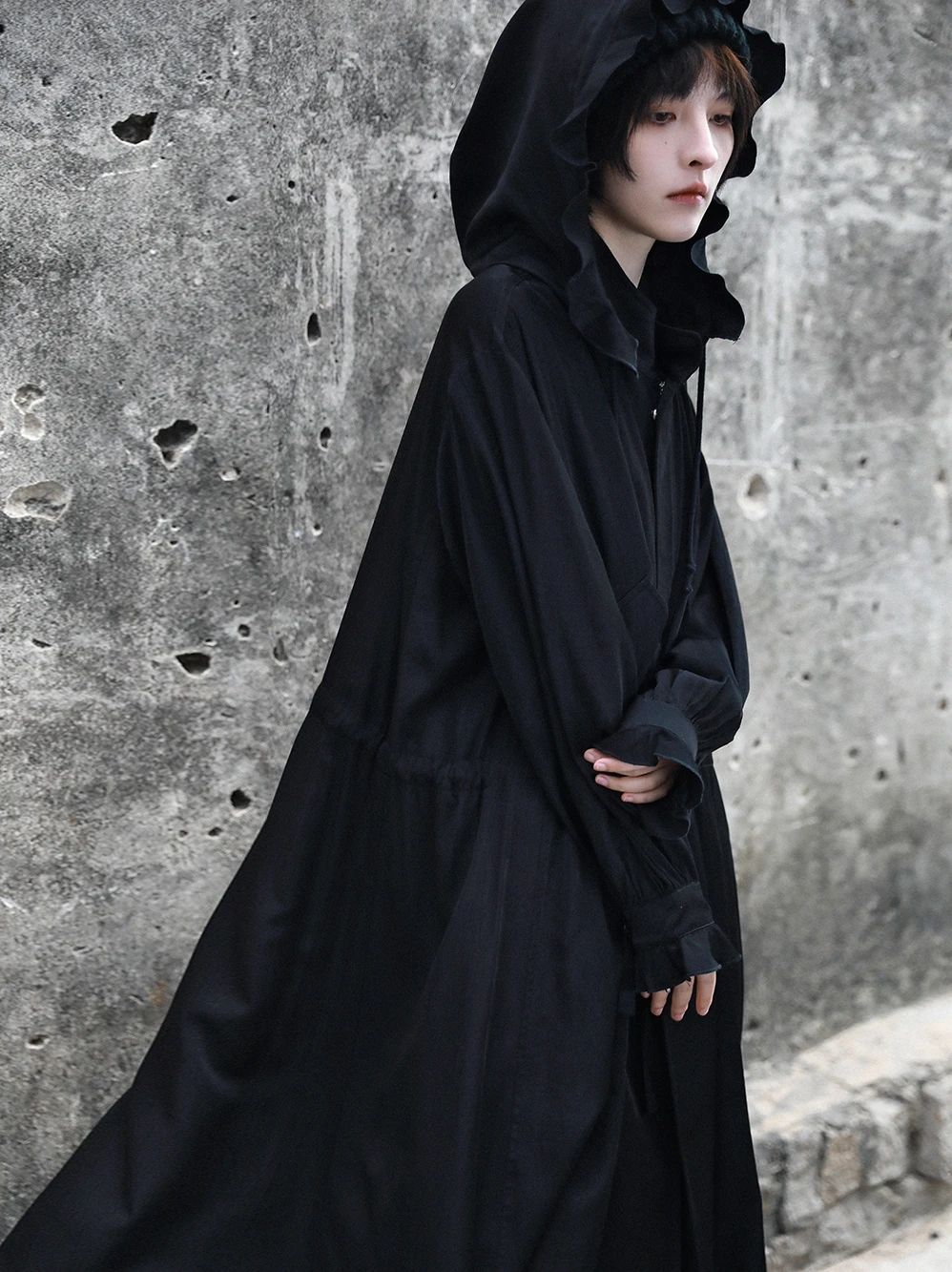 

IEQJ Women Trench New Lapel Long Sleeve Loose Pleated Wide Hem Patchwork Ruffles Hoodie Top Fashion Tide Summer 2021 8P810