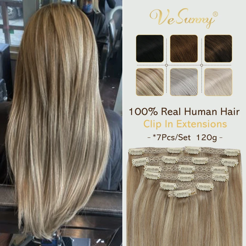 VeSunny Clip in Hair Extensions Human Hair Blonde Clip in Hair Extensions #16/22 Double Weft Real Wig Silky Straight