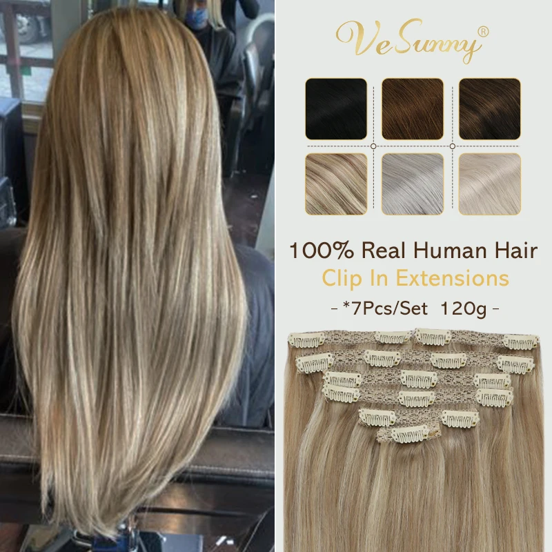 

VeSunny Clip in Hair Extensions Human Hair Blonde Clip in Hair Extensions #16/22 Double Weft Real Wig Silky Straight