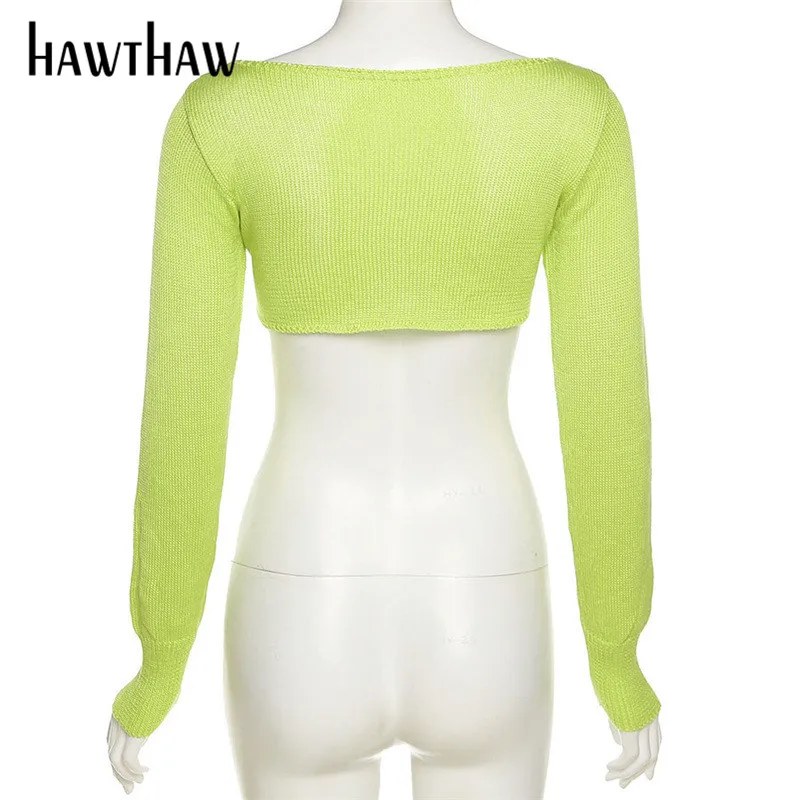 

Hawthaw Women Fashion Autumn Long Sleeve Hollow Out Slim Knitted Short Tops T Shirt Pullover 2021 Female Clothing Streetwear