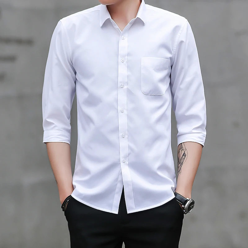 

Quarter Designer 2020 Three Men Short Sleeve Oxford Dress Shirt with Chest Pocket Cotton Male Casual Solid CS75