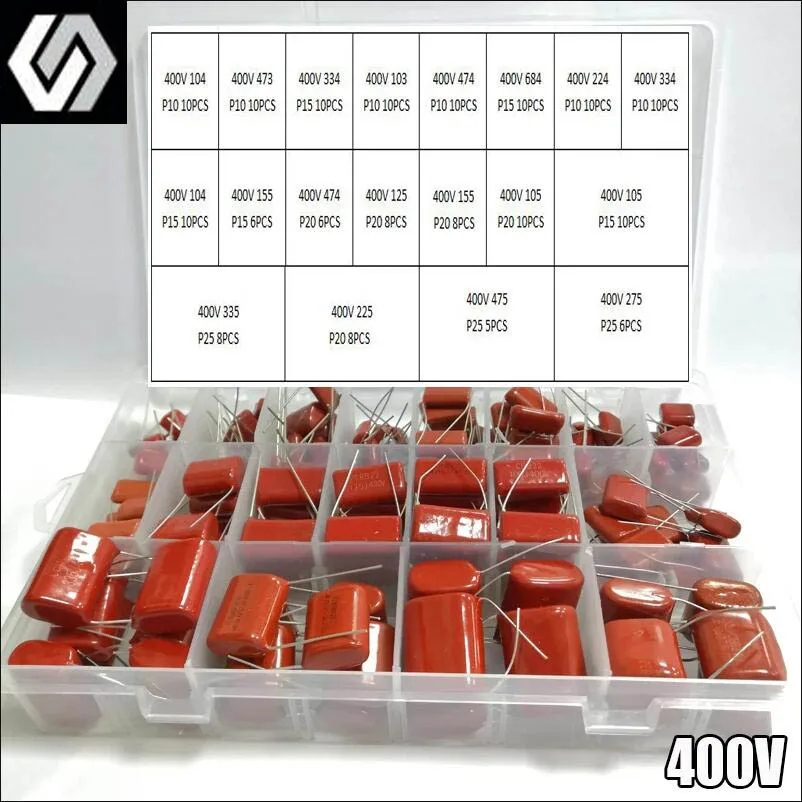 

400V 165pcs/box 24 Types 104 473 334 103 684 474 224 155 125 105 335 225 475 275 CBB Metal Film Capacitors Assortment Kit