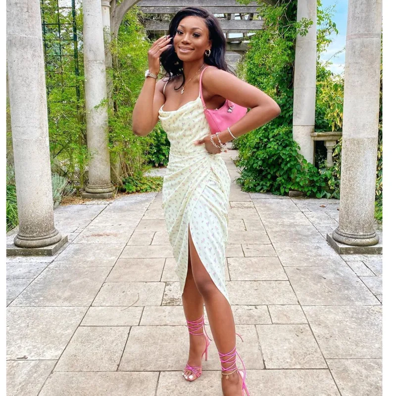 

2021 Summer Dress Sexy Women's Fashion Floral Pile Neck Split Sling Mid Lentgh Elegant Party Dress Bodycon Sundress Hot Style