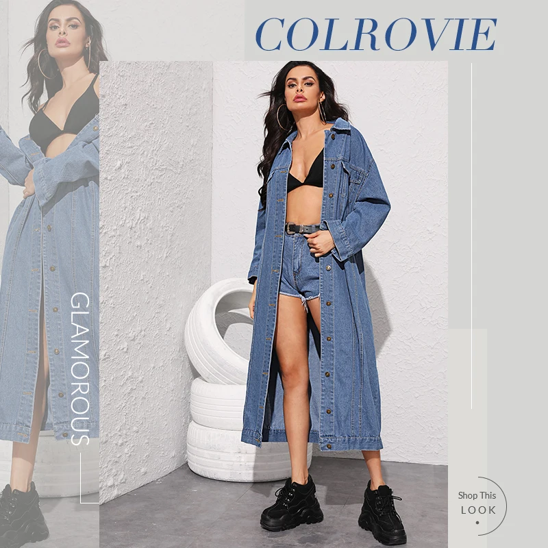 COLROVIE темно-синяя длинная джинсовая куртка на пуговицах спереди Женская Осенняя уличная куртка года Женские куртки повседневная верхняя одежда