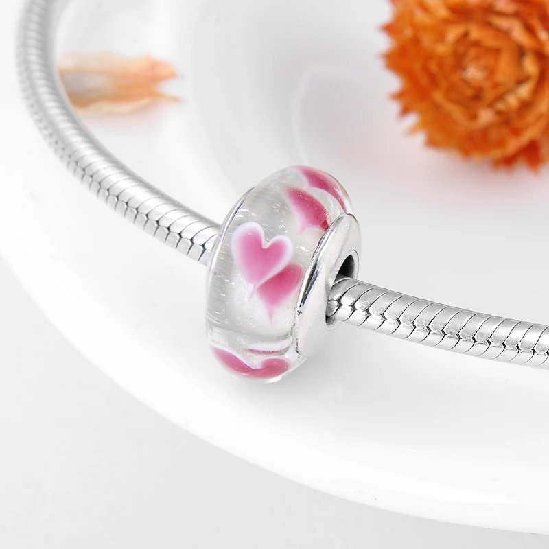 Бусина Шарм из серебра 925 пробы с розовыми сердечками|Ювелирные шармы| |