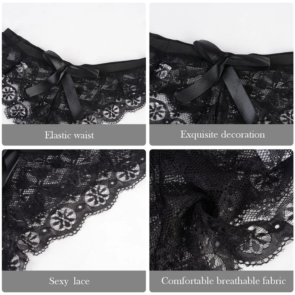 

Women Lady Kawaii Jk Lolita Sexy Hollow Bow Tie Panties Xmas Gift Fully Lace Crotch Transparent G-String Thong Plus Size