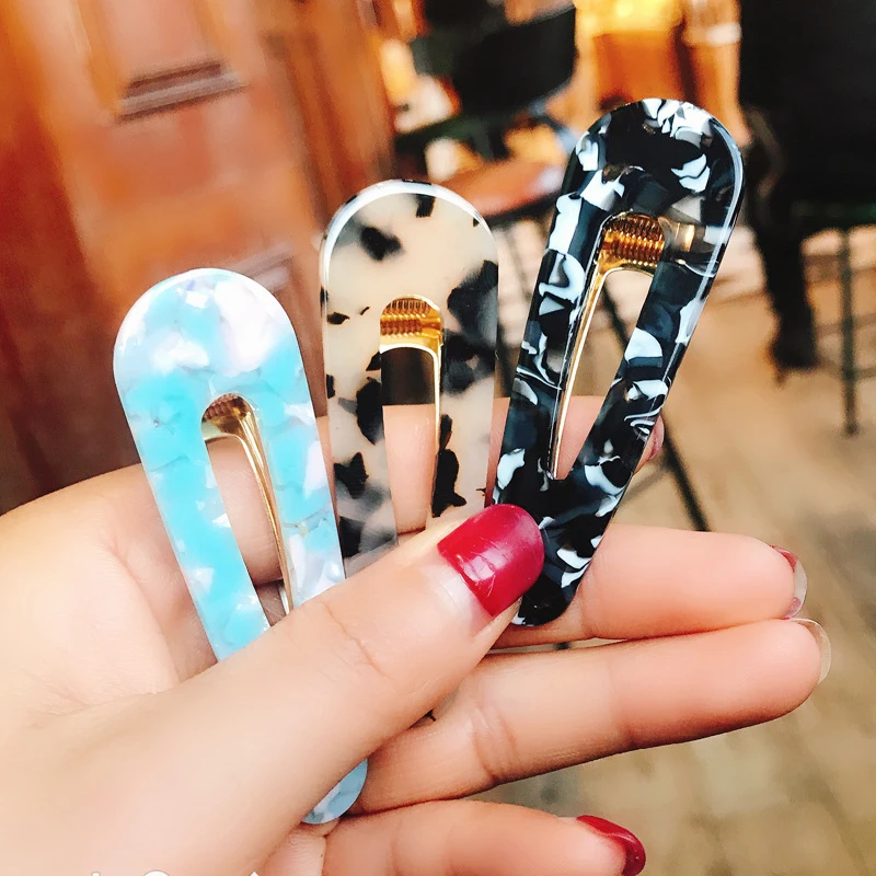 

Women Girls Japanese Style Side Hair Clip Hollow Geometric Water Drop Shape Duckbill Hairgrips Colored Marble Textured Printed