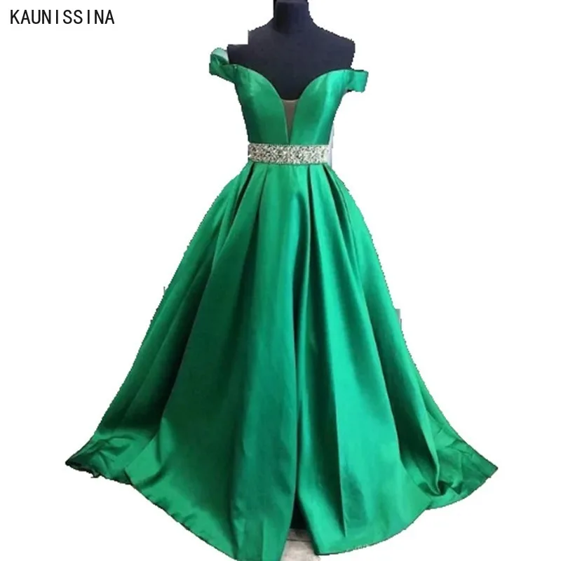 

KAUNISSINA Women Evening Party Dresses Long Sexy Off Shoulder Sweep Train Satin Ceremony Dress A-Line Prom Gown Real Photo