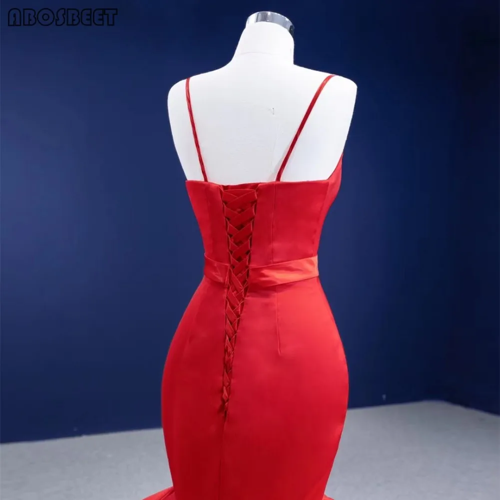 

Mermaid Prom Dress Long Red Elegant Evening Formal Dress with Train Trumpet Gowns Spaghetti Strap Tiered Gown Lace Up Back