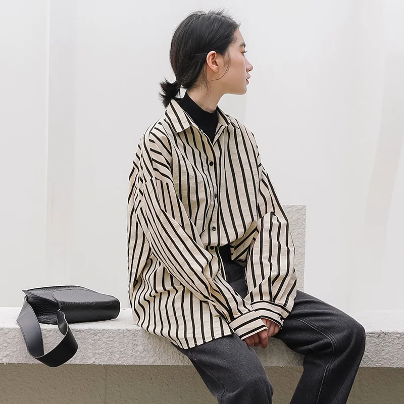 

Осень/Зима 2021, осенняя полосатая рубашка, женская Свободная рубашка в западном стиле в Корейском стиле