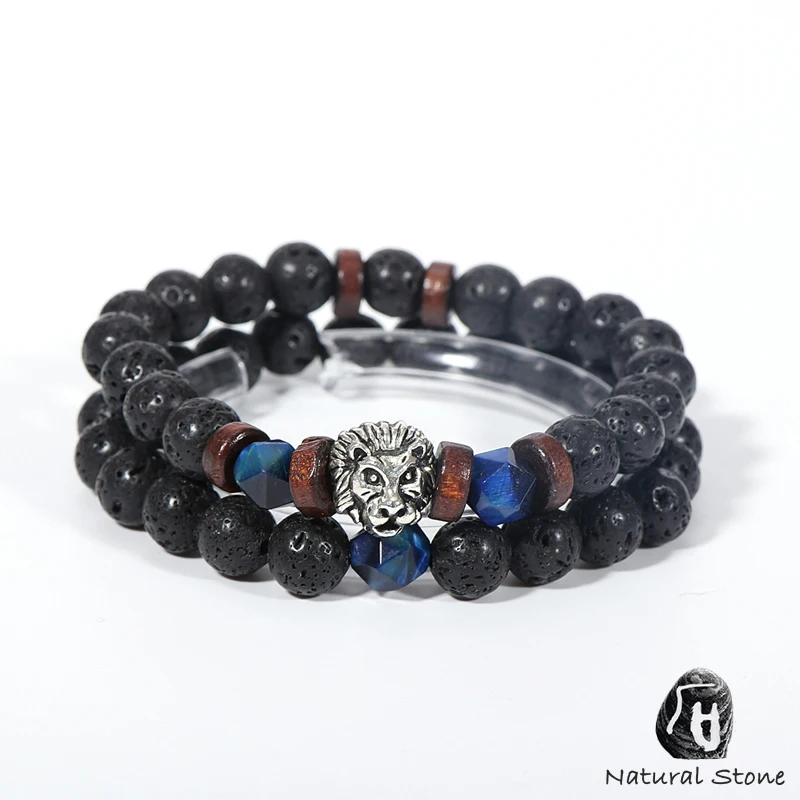 Мужской браслет из натурального камня лица тигровый глаз и лавовый камень
