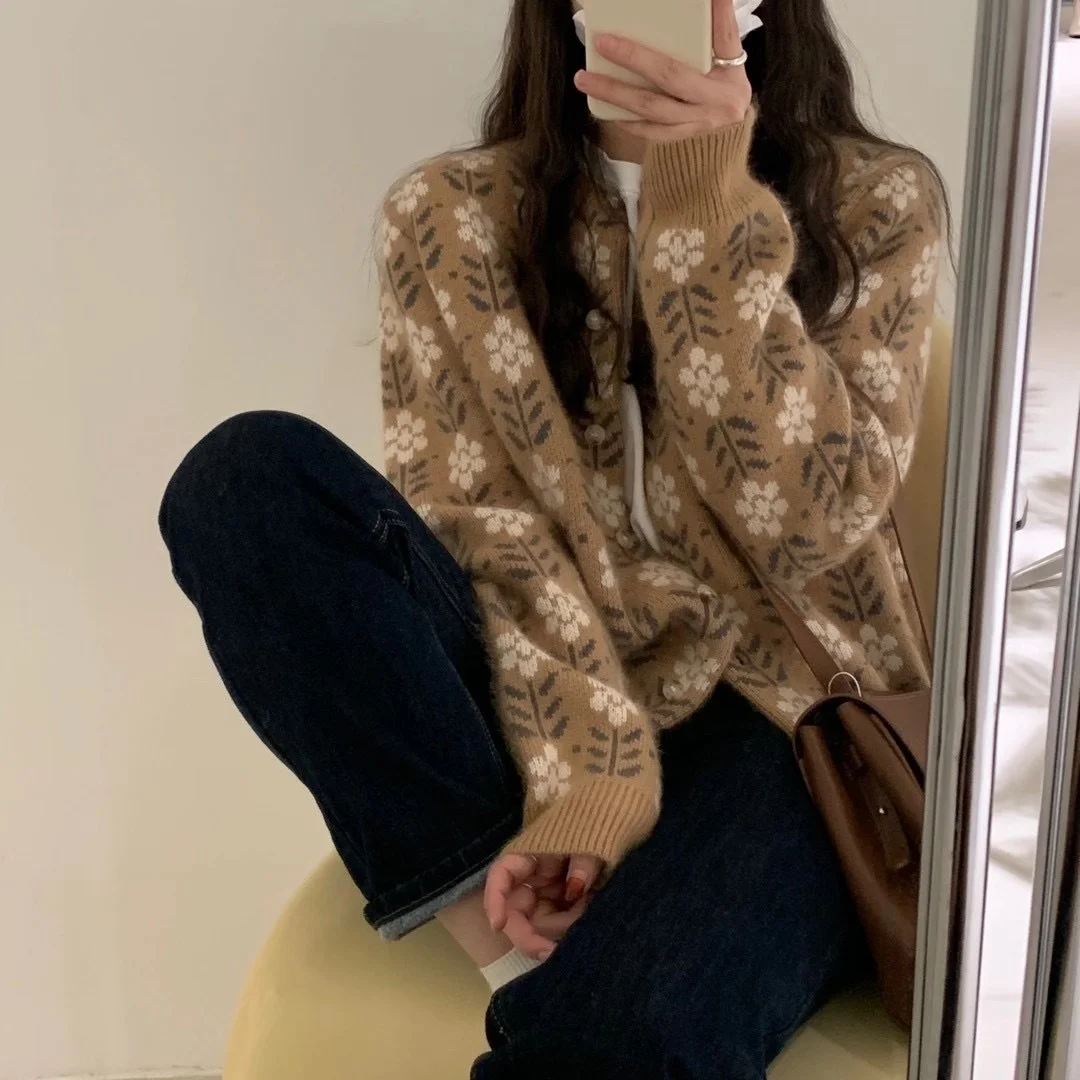 Женский однобортный свитер с принтом свободный облегающий норковый Кардиган