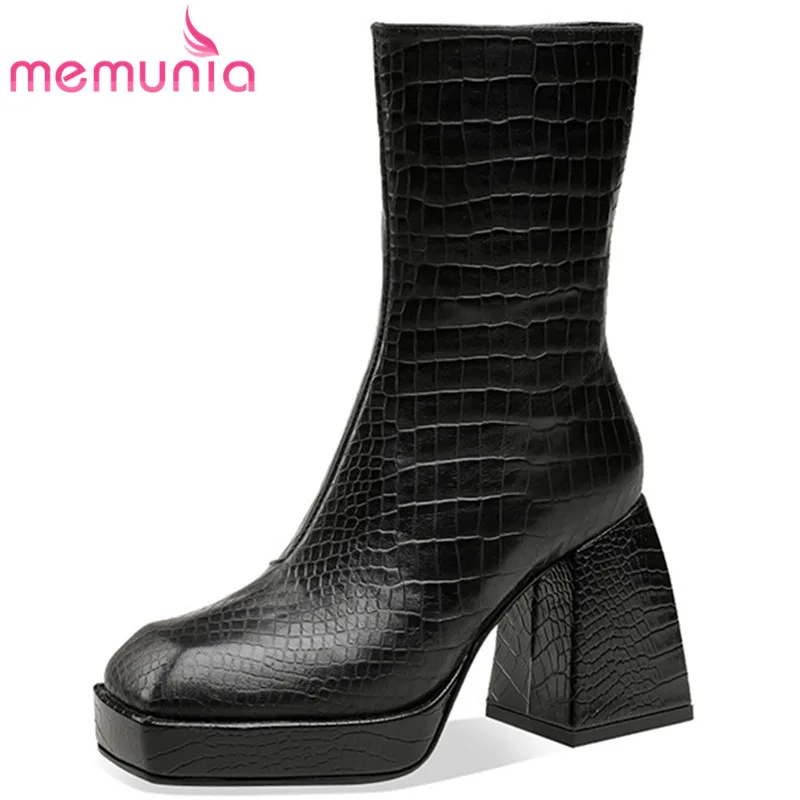 

MEMUNIA 2021 European Style High Heel Platform Boots Women Shoes Square Toe Stone Pattern Autumn Winter Ankle Boots Women