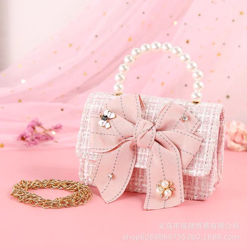

Canvas Bow Knot Portable Pearl One-shoulder Diagonal Cute Children's Bag Cute Infant Coin Purse