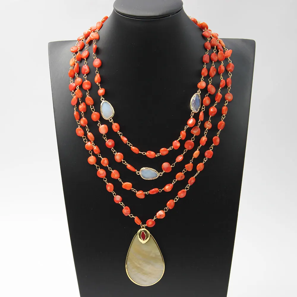 

Ожерелье женское из натуральных желтых ракушек и красных нефритов, 4 пряди