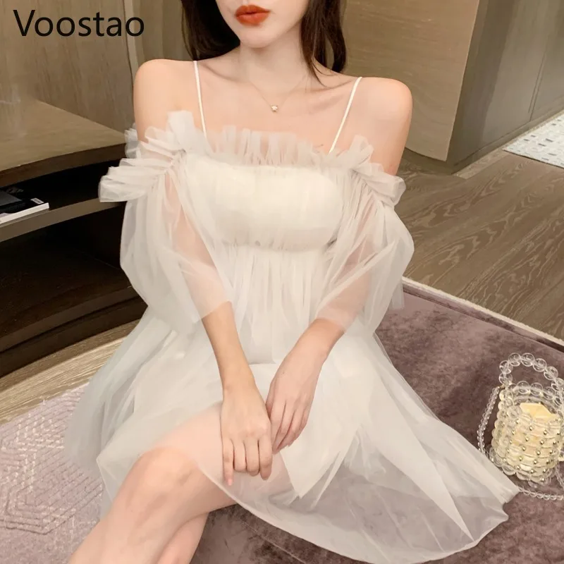 

Summer Sweet Lolita Dress Women Sexy Off Shoulder Ruffles Beach Fairy Mesh Dress Female Elegant Princess Spaghetti Strap Dresses