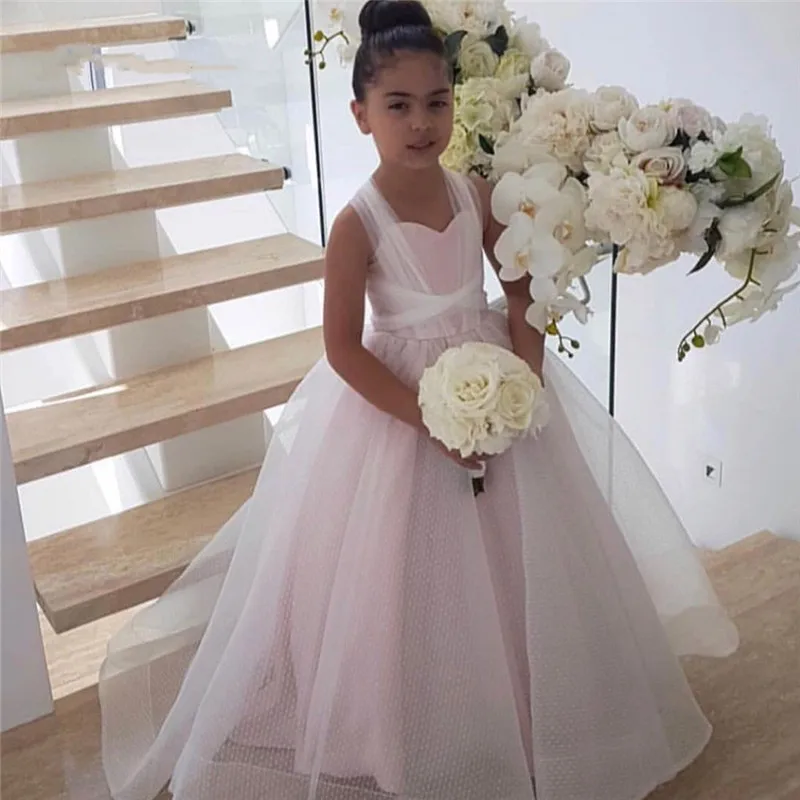 

Pink Polka-dot Tulle Flower Girl Dresses Criss-cross Back Wedding Party Dress Bow Sashes Celebrity Dresses
