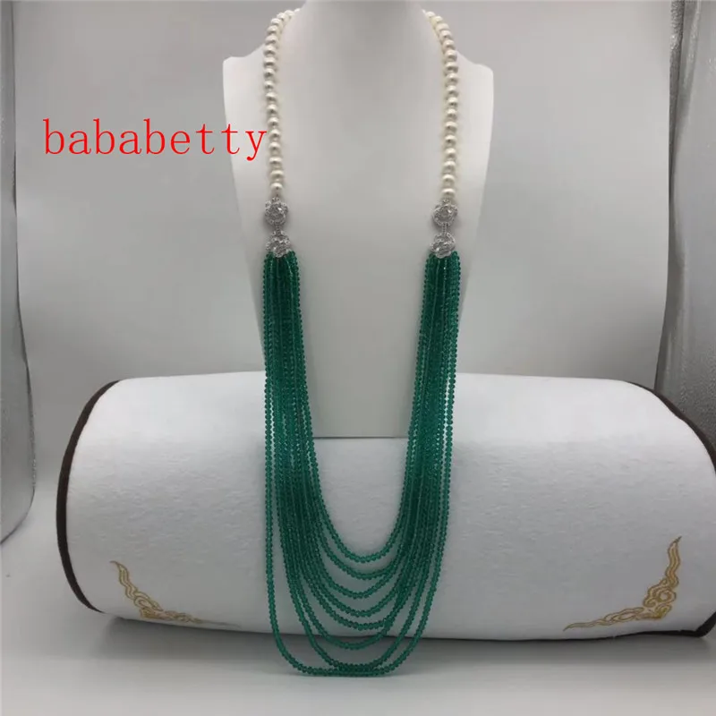 

NEW hot sell 9 -10 mm Potato white freshwater pearl necklace green multilayer long sweater chain fashion jewelry 30inches